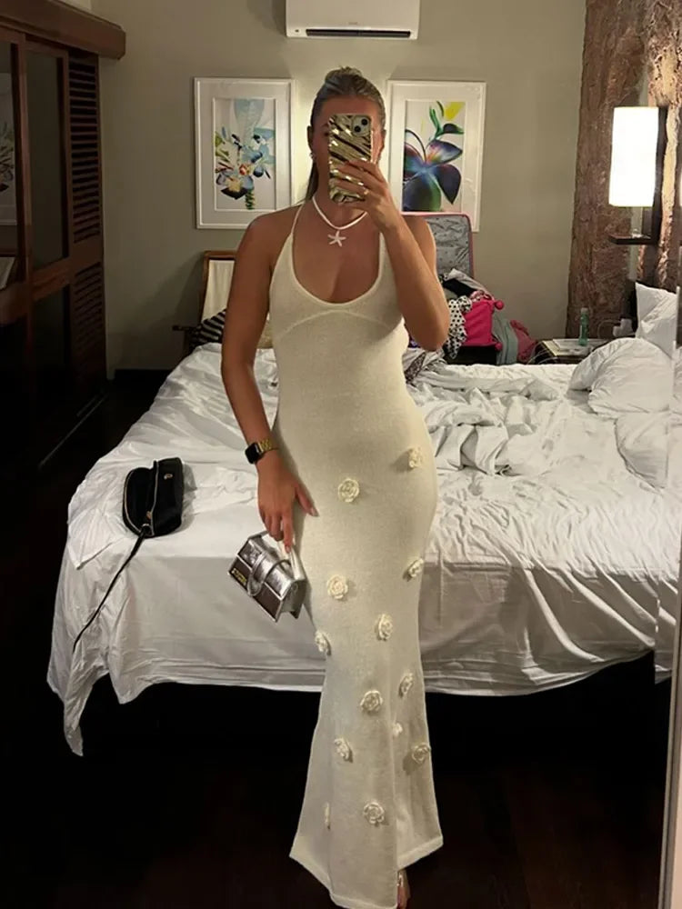White Flowers Long Knit Slip Dress Chic Elegant Backless
