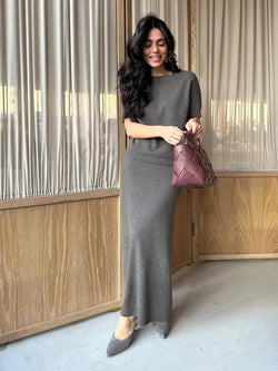Elegant Soft Knit Short Sleeve Pullover Top Skirt