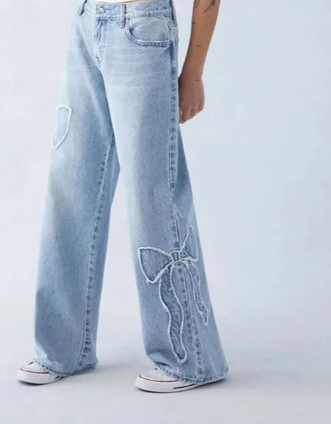 Streetwear Bow Embroidered Baggy Jeans