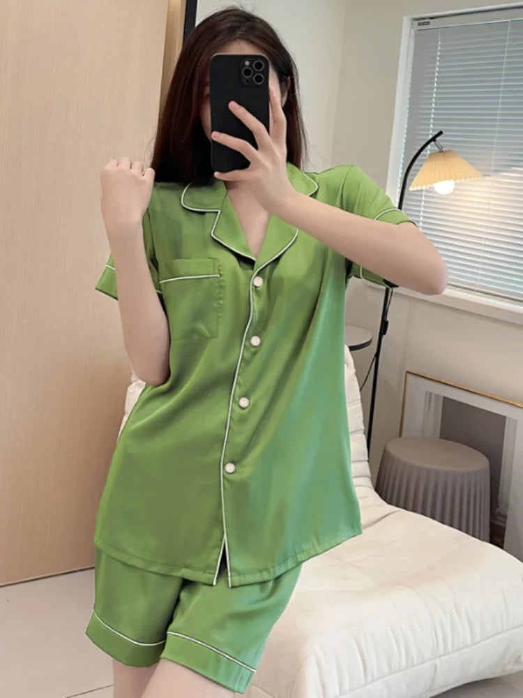 Two Pieces Pajama Set Short Sleeve Button