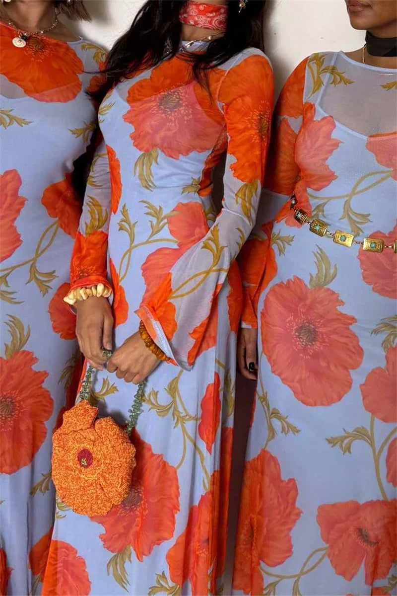 Elegant O Neck Fashion Long Sleeve Slim Patchwork Long Dress
