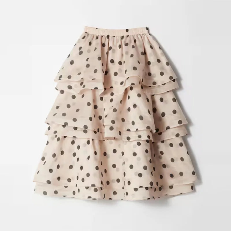 Dot Pleated Chic Puff Sleeve O-neck Crop Top High Waist Long Skirt