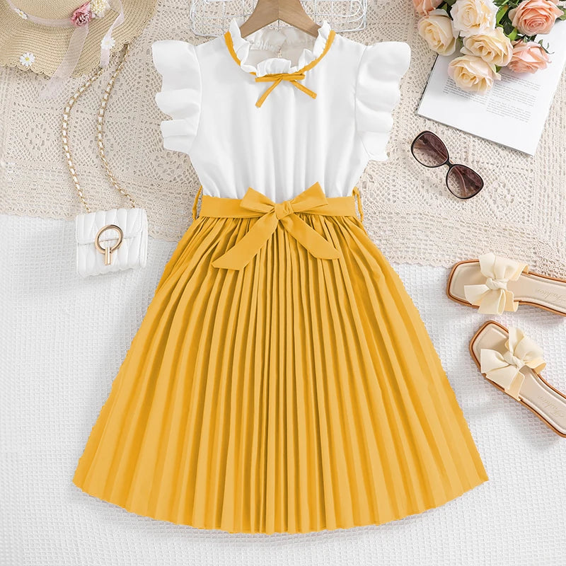 Elegant White Petal Sleeves Pleated Khaki Skirt &Bow tie Preppy