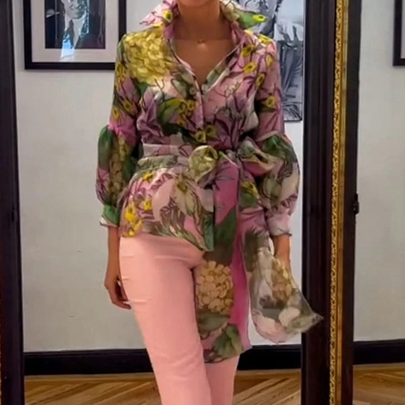 Elegant Lapel Lantern Sleeve Shirt + Long Skirt Suit