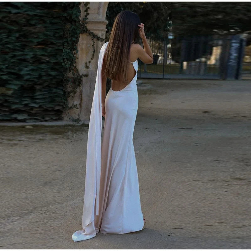 Elegant Solid Ribbon Off Shoulder Sleeveless Backless Slim Dress