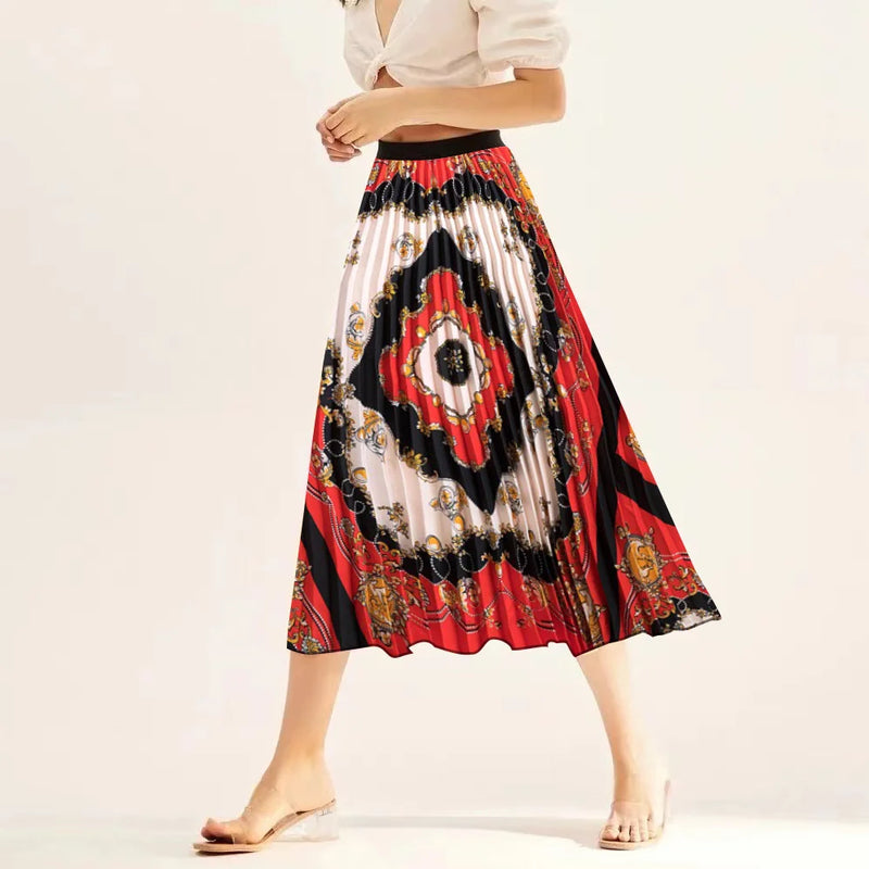 Printed elastic mid length A-line pressed pleated skirt