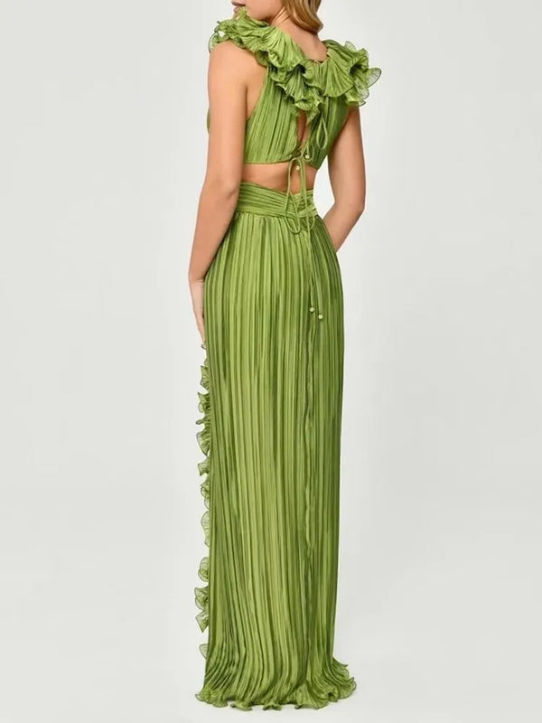 Elegant V Neck Sleeveless High Waist Patchwork Ruffles Split Dress