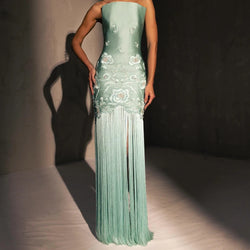 Elegant Embroidery Tassel Satin Evening Dress