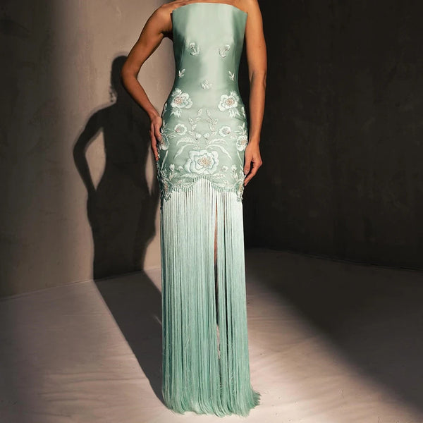 Elegant Embroidery Tassel Satin Evening Dress