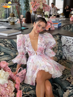Elegant Flare Sleeve V Neck Pleated High Waist Dress