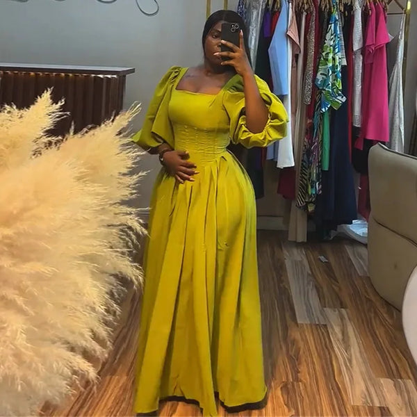 Square Neck Puff Sleeve Backless Bandage A-Line Long Dress