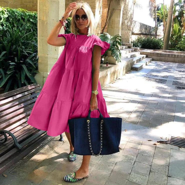 Casual Loose Ruffles O-neck Pure Short Sleeve Dress