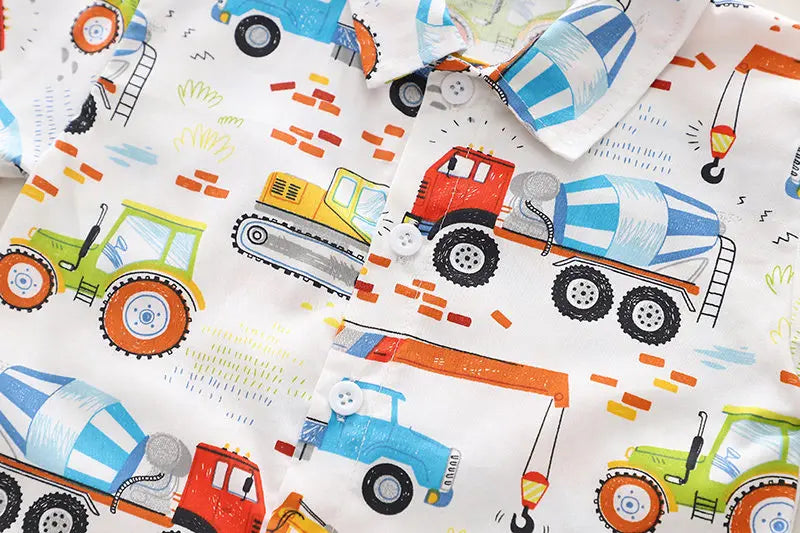 Summer Kids Boys Girl Causal Full Printed Cars Shirt Shorts 2Pcs