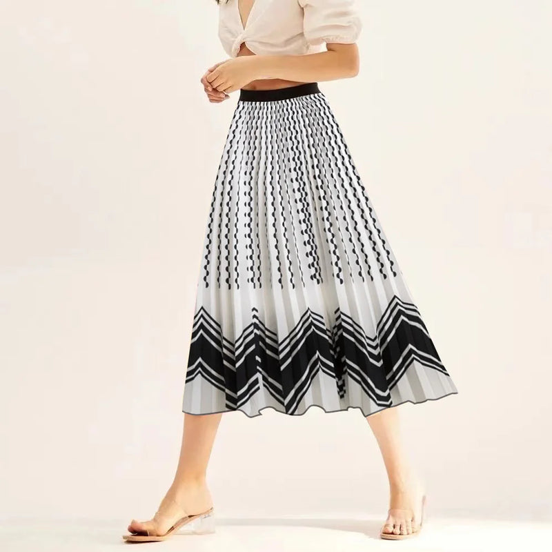 Printed elastic mid length A-line pressed pleated skirt