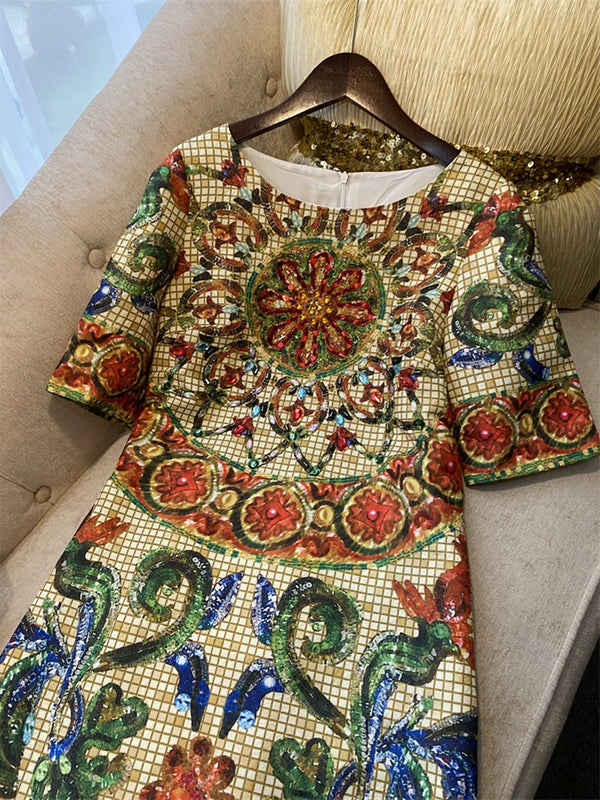 Beaded Short Sleeve Jacquard Rhinestone Above Knee Dress