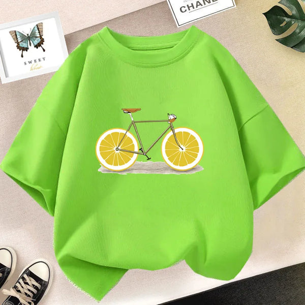 Cute Lemon Fruit Cartoon Bike Printed Tops Tee Short Sleeve