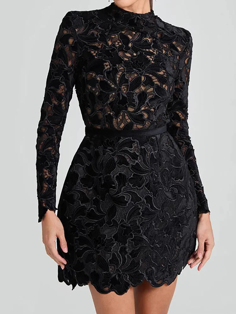 Hollow Out Mini Long Sleeve O Neck Dress