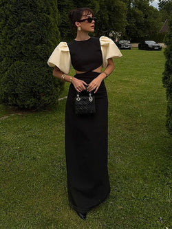 Elegant Puff Sleeve Hollow Out Waist Dress