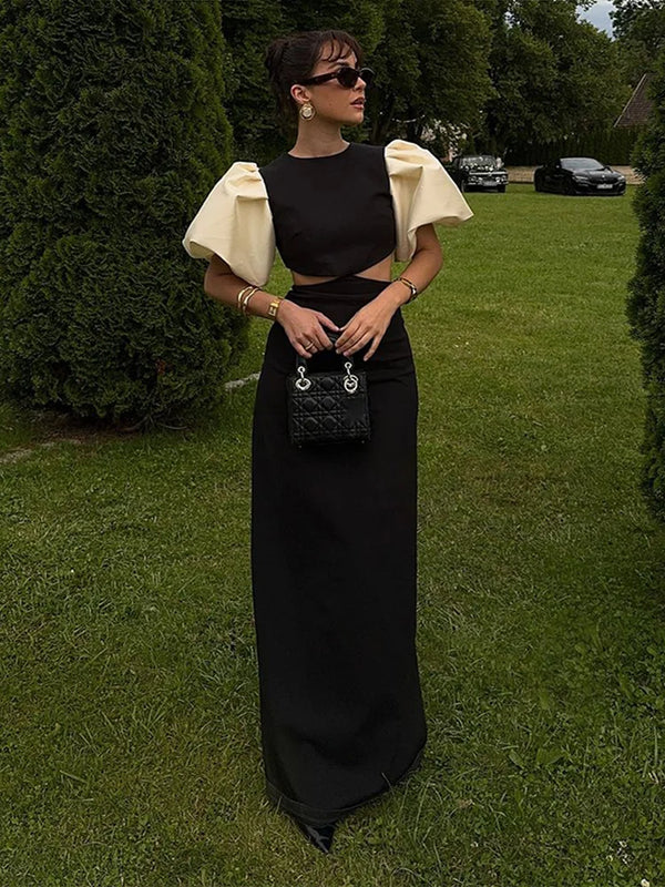 Elegant Puff Sleeve Hollow Out Waist Dress