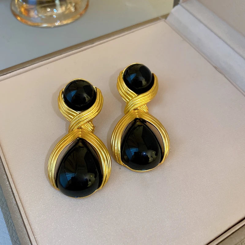 Rhinestone Circle Water Drop Metal Vintage Dangle Earrings
