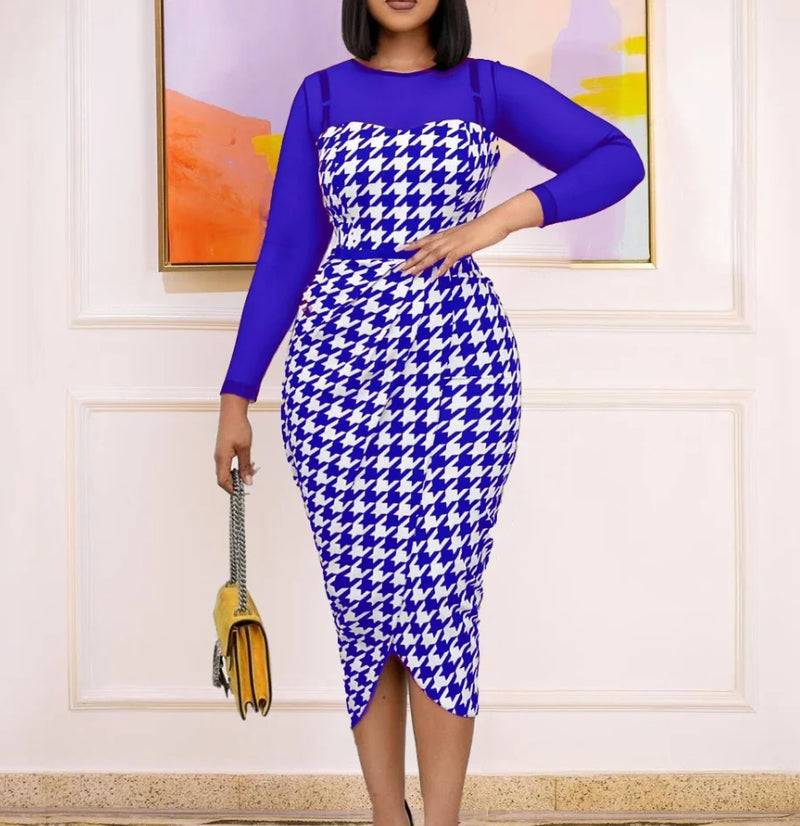 Spliced Long Sleeve Slim Fit Wrap Hip Split Elegant Dress