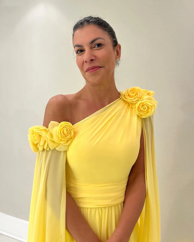 Flowers Off Shoulder Yellow Chiffon Long Prom Dress