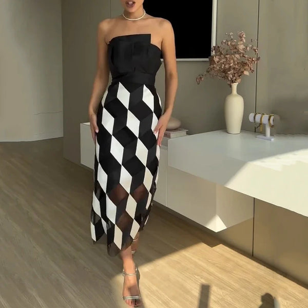 Sleeveless Tube Nipped Waist Contrast Dress