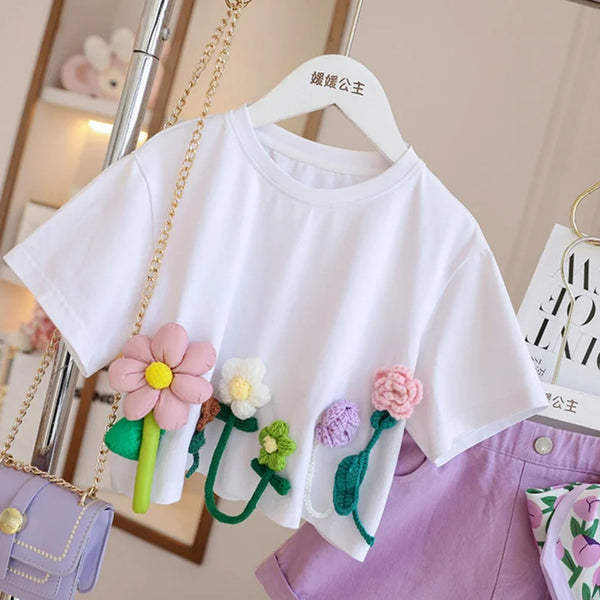 T-Shirts Three-dimensional Flower Short Sleeve Kids for 3 To 13 Years