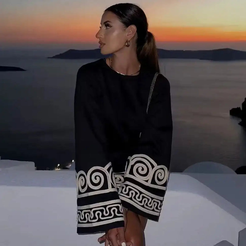 Embroidery Patchwork Round Neck Long Sleeve Pleated Mini Chic Dress