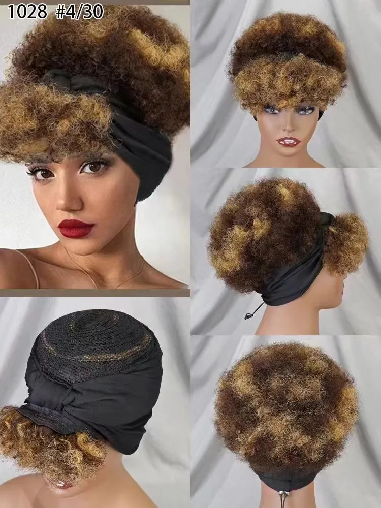 Afro Kinky Curly Scarf Wigs with Bangs Wig Bouncy Curly Human Hair Wig 200%