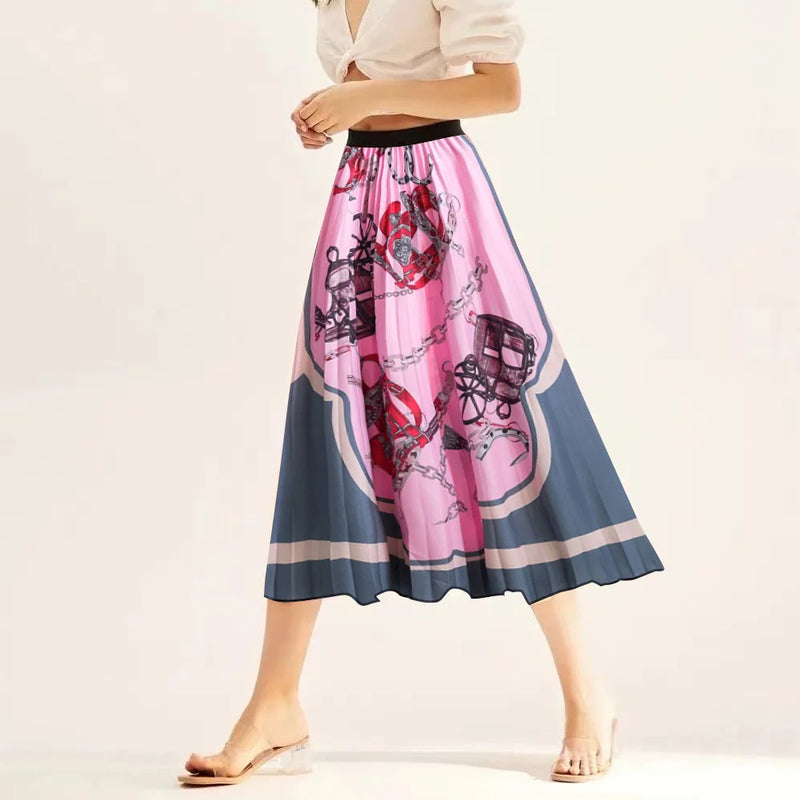 Printed elastic mid length A-line pressed pleated skirt