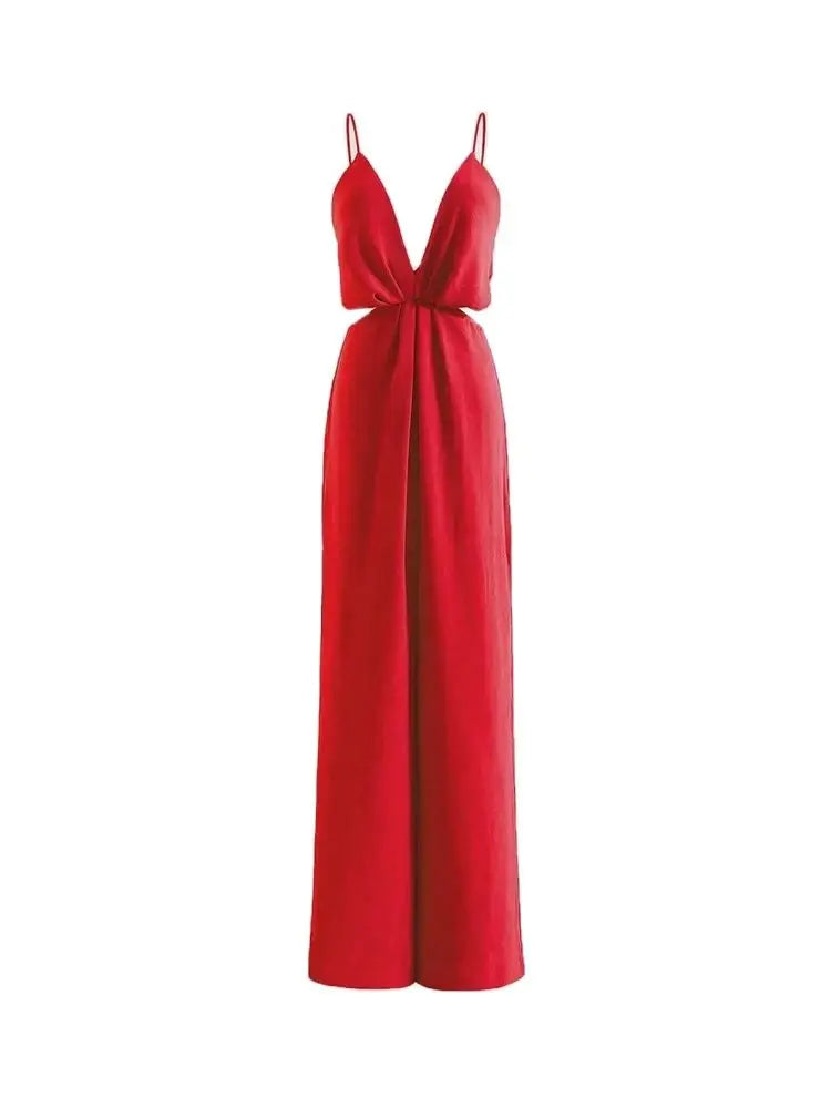 Pleated Wide Leg Jumpsuits, Sexy Backless With Zipper,