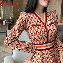 Autumn Winter Vintage Knit Dress V Neck Long Sleeve