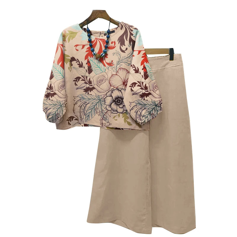CAMINA Autumn Floral Blouse Pants Sets