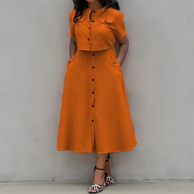 Button Top High Waist Skirt 2-piece Suit Woman
