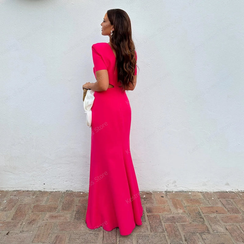 Short Sleeve Satin Slim Slit Long Evening Dress