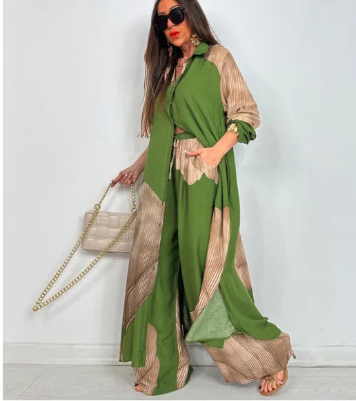 Elegant Printed Long Shirt Top + Wide Leg Pants 2-pieces