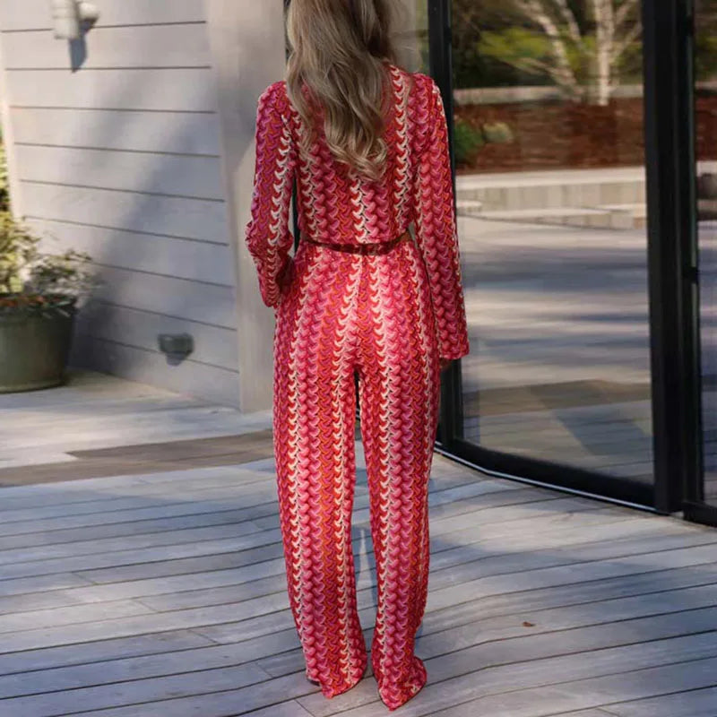 Striped Crochet Hook O Neck Top Pullover And High Waist Pants