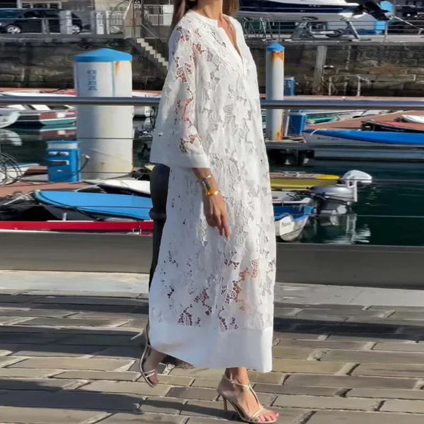 White Lace Hollow Elegant V Neck Dress