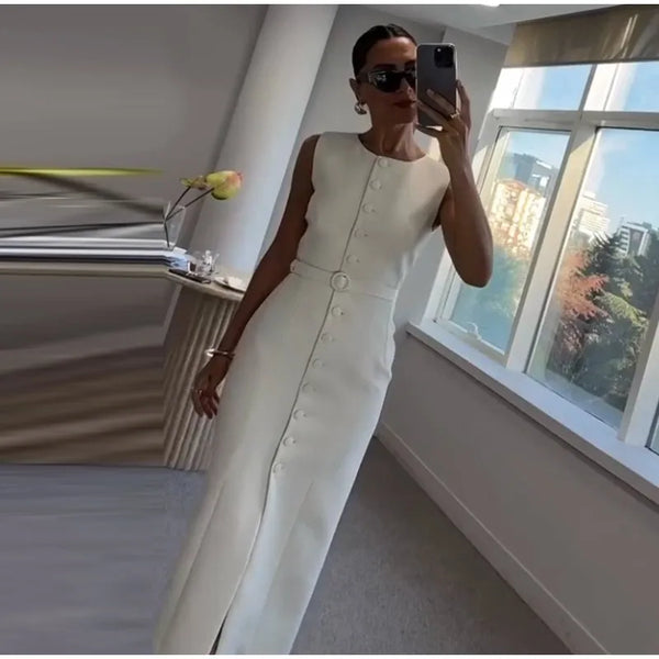 Elegant Single-breasted Belt Long Dress