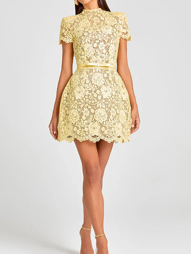 Hollow Out Mini Long Sleeve O Neck Dress