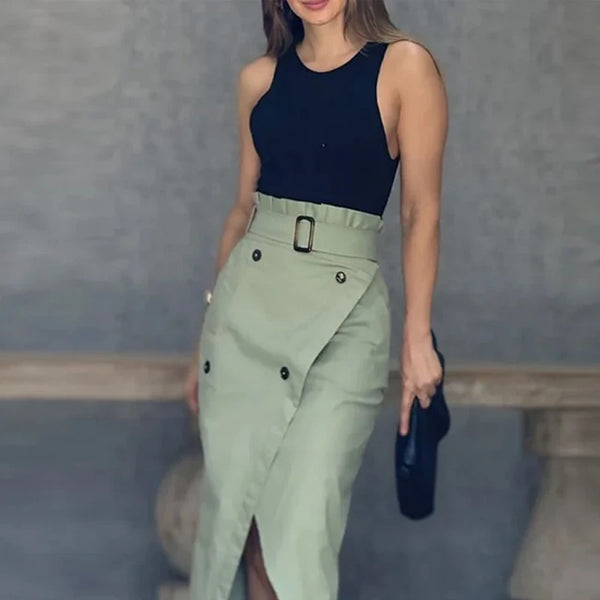 Two Piece Skirt and Solid Sleeveless Round Neck Tank Top