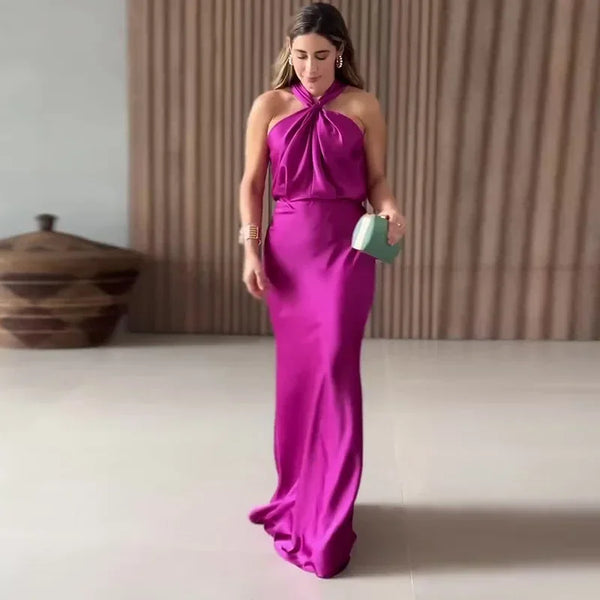 Pure Color Hang Neck Sleeveless Women's Dress