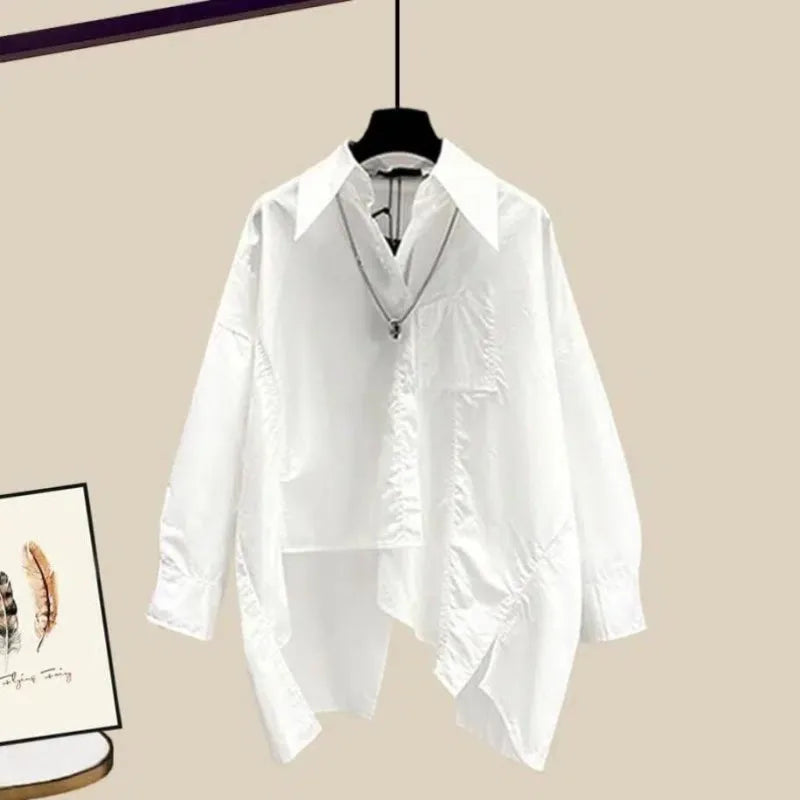 Splicing Shirt+Elastic Waist Wide Leg Pants Two Piece