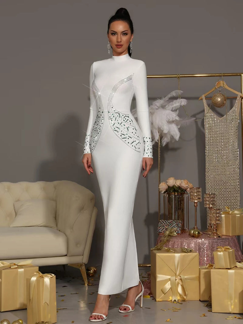 Elegant Diamond Celebrity Maxi Dress White Long Sleeved