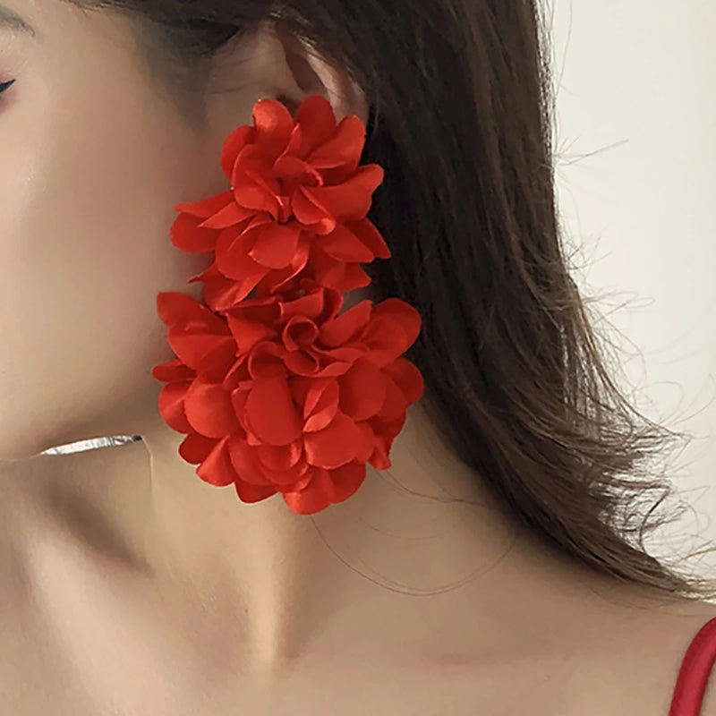 Salircon Bohemian Red Big Flower Drop Earrings Vintage