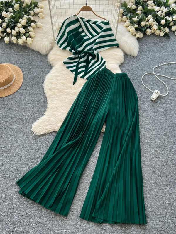 Chic Striped Skew Collar Short Sleeve Tops + High Waist Pleated Wide Leg Pants