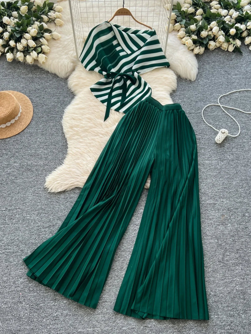 Chic Striped Skew Collar Short Sleeve Tops + High Waist Pleated Wide Leg Pants