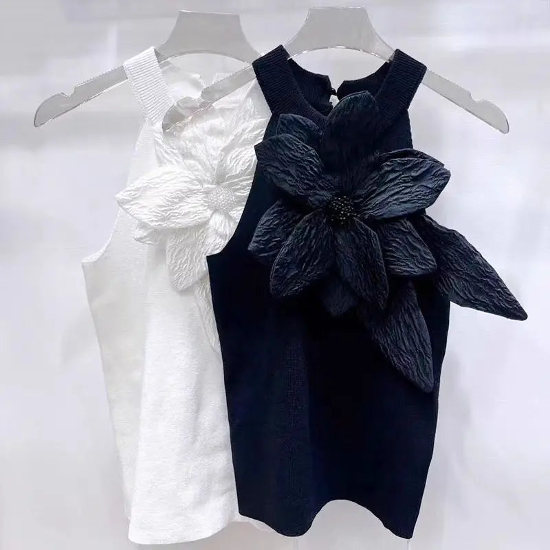 Sleeveless Knitted Vest Round Neck Black White Tank Tops