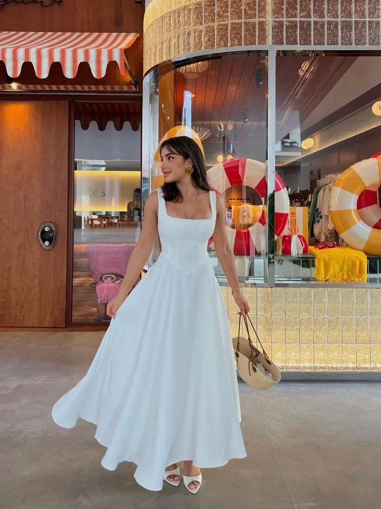 Elegant Solid Square Neck Sleeveless Slim High Waist Dress
